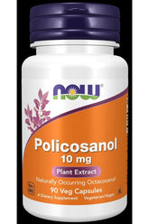 NOW Foods Policosanol 10 mg supplement bottle with 90 vegetarian capsules, plant extract for cholesterol support.